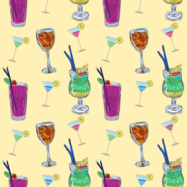 Seamless floral pattern with drinks. Abstract Vector background with cocktails.