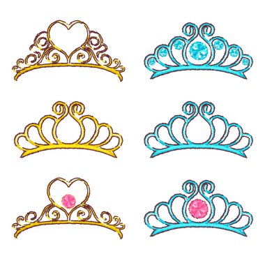 Vektör taç prensesler kümesi. Elle çizilmiş çizim karalama.