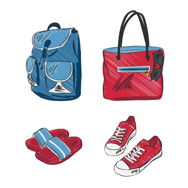 Bolsa Playa Con Zapatillas Gafas Mochila Zapatillas Ilustración Vectorial — Archivo Imágenes Vectoriales