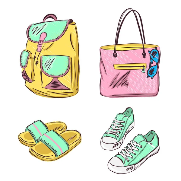 Bolsa Playa Con Zapatillas Gafas Mochila Zapatillas Ilustración Vectorial — Archivo Imágenes Vectoriales