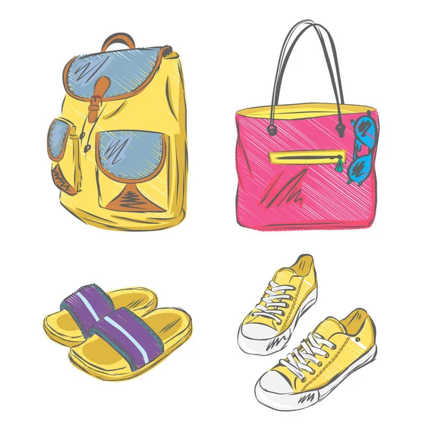 Bolsa Playa Con Zapatillas Gafas Mochila Zapatillas Ilustración Vectorial — Archivo Imágenes Vectoriales