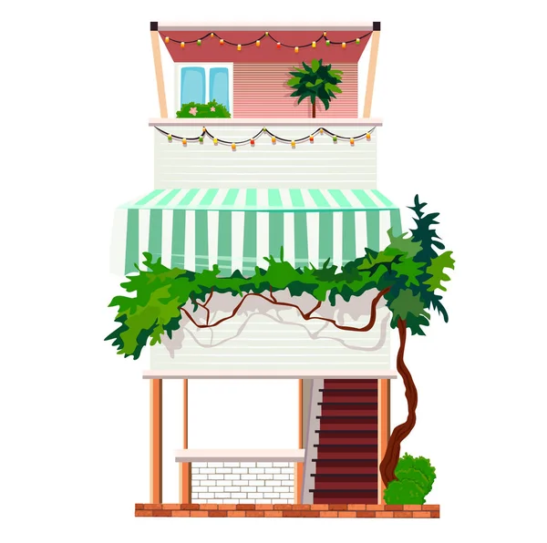 Restaurante Cafetería Ilustración Con Árbol Edificio Isométrico Para Cenar Postres — Vector de stock