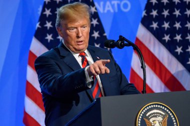 12.07.2018. BRÜZSEL, BELGIUM. NATO (Kuzey Atlantik Antlaşması Örgütü) SUMMMIT 2018 yılında Amerika Birleşik Devletleri Başkanı Donald Trump 'ın basın toplantısı. 