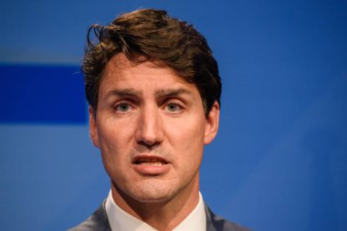 12.07.2018. Brüksel, Belçika. Justin Trudeau, Kanada Başbakanı Nato (Kuzey Atlantik Antlaşması Örgütü) zirve 2018 sırasında basın toplantısında. 