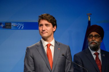 12.07.2018. Brüksel, Belçika. Justin Trudeau, Kanada Başbakanı Nato (Kuzey Atlantik Antlaşması Örgütü) zirve 2018 sırasında basın toplantısında. 