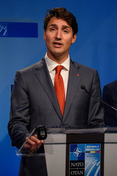 12.07.2018. Brüksel, Belçika. Justin Trudeau, Kanada Başbakanı Nato (Kuzey Atlantik Antlaşması Örgütü) zirve 2018 sırasında basın toplantısında. 