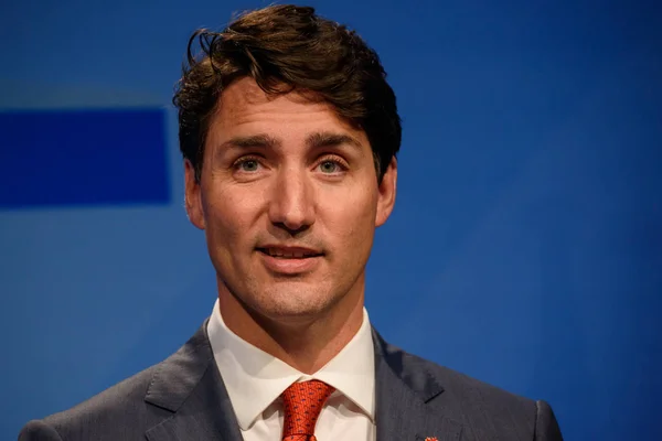 12.07.2018. Brüksel, Belçika. Justin Trudeau, Kanada Başbakanı Nato (Kuzey Atlantik Antlaşması Örgütü) zirve 2018 sırasında basın toplantısında. 