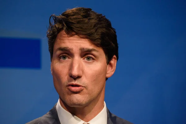 2018 Bruselas Bélgica Conferencia Prensa Justin Trudeau Primer Ministro Canadá — Foto de Stock