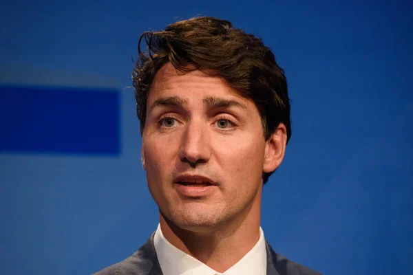 2018 Bruselas Bélgica Conferencia Prensa Justin Trudeau Primer Ministro Canadá —  Fotos de Stock