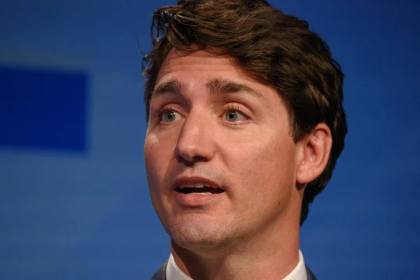 2018 Bruselas Bélgica Conferencia Prensa Justin Trudeau Primer Ministro Canadá —  Fotos de Stock