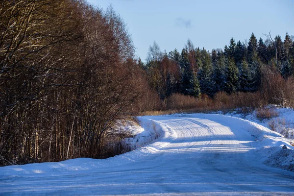 阳光照耀在乡村的白雪覆盖的道路上 — 图库照片