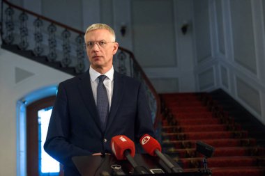 21.01.2019. Riga, Letonya. Arturs Krisjanis Karins, Raimonds Vejonis, Letonya Cumhurbaşkanı ile görüşmeden sonra Başbakan Letonya için aday.