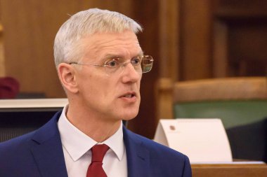 23.01.2019. Riga, Letonya. Arturs Krisjanis Karins, Letonya Hükümeti yeni koalisyon oylama sırasında Başbakan Letonya için aday. Letonya (Saeima Büyük Millet Meclisi).