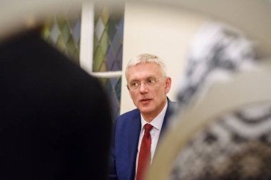 23.01.2019. Riga, Letonya. Yeni Başbakan Letonya, Arturs Krisjanis Karins conferfence basın. Letonya (Saeima Büyük Millet Meclisi).