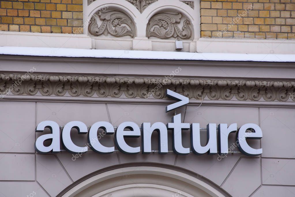 11.02.2018. RIGA, LATVIA. Logo of Accenture company. Accenture is a global management consulting and professional services firm that provides strategy, consulting, digital, technology and operations services.