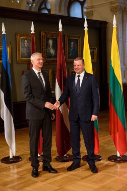 Riga, Letonya - 04 Şubat 2019: Letonya'dan Estonya'nın Ambadassor'u Arti Hilpus, Letonya Başbakanı Krisjanis Karins ve Litvanya Başbakanı Saulus Skvernelis, Baltık Bakanlar Kurulu toplantısında. 