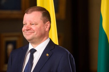 04.02.2019. Riga, Letonya. Saulus Skvernelis, Litvanya, Baltık Bakanlar toplantısı sırasında Başbakanı. Sanat Müzesi Riga Bourse