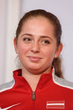 05.02.2019. Riga, Letonya. Jelena Ostapenko, takım Letonya. Merkez Tren İstasyonu Riga dünya Grup II ilk tur Oyunlar önce taraftarlarla toplantı sırasında takım Letonya Fedcup için Üyeler.