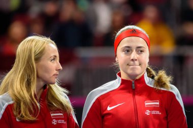 Riga, Letonya - 09 Şubat 2019: Fedcup Bnp Paribas, Dünya Tenis Dünya Grubu II Birinci Tur maçı Letonya ile Slovakya takımı arasında Arena Riga'da.