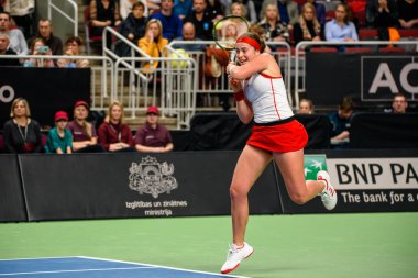 Riga, Letonya - 09 Şubat 2019: Fedcup Bnp Paribas, Dünya Tenis Dünya Grubu II Birinci Tur maçı Letonya ile Slovakya takımı arasında Arena Riga'da.
