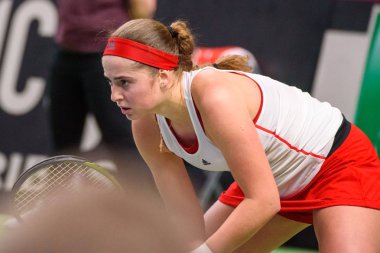 09.02.2019. Riga, Letonya. Jelena Ostapenko, Fedcup bnp Paribas sırasında, Arena Riga takım Letonya ve takım Slovakya arasında Tenis Dünya Grubu II İlk Tur oyunu Dünya Kupası.