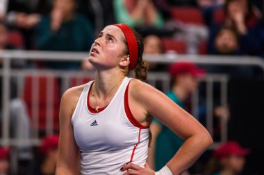 09.02.2019. Riga, Letonya. Jelena Ostapenko, Fedcup bnp Paribas sırasında, Arena Riga takım Letonya ve takım Slovakya arasında Tenis Dünya Grubu II İlk Tur oyunu Dünya Kupası.