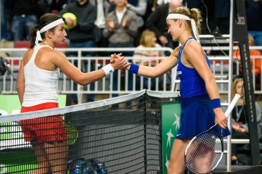 09.02.2019. Riga, Letonya. Fedcup Bnp Paribas, takım Letonya ve Arena Riga Takımı Slovakya arasında Dünya Kupası, tenis Dünya II ilk tura oyunu.