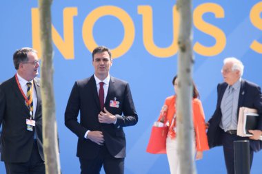 11.07.2018. Brüksel, Belçika. Pedro Sanchez, Başbakan. Dünya liderleri 2018 (Kuzey Atlantik Antlaşması Örgütü) Nato Zirvesi için gelen