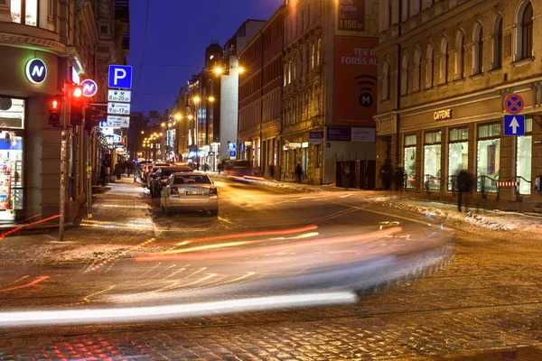 Riga Lettland Januar 2019 Selektives Fokusfoto Langzeitbelichtungsfoto Ampeln Der Rigaer — Stockfoto