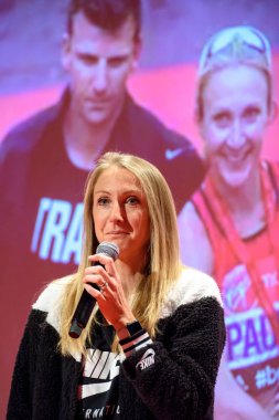 23.02.2019. Riga, Letonya. Efsanevi İngiliz maraton koşucusu Paula Radcliffe, Genel Konferansı - Tet Riga maraton, IAAF tek altın etiket maraton Kuzey Avrupa altın sezon açılış Forumu.