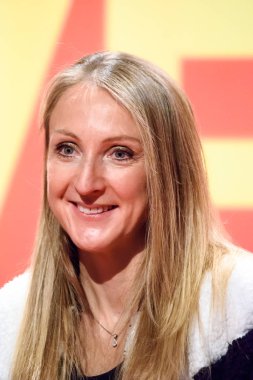 23.02.2019. Riga, Letonya. Efsanevi İngiliz maraton koşucusu Paula Radcliffe, Genel Konferansı - Tet Riga maraton, IAAF tek altın etiket maraton Kuzey Avrupa altın sezon açılış Forumu.