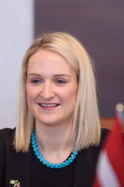 27.02.2019. Riga, Letonya. Helen Mcentee Avrupa işleri İrlanda, Edgars Rinkevics, Bakanı, dış işleri Letonya ile toplantı sırasında Devlet Bakanı.