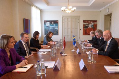 29.03.2019. Riga, Letonya. Edgars Rinkevics, Hans Dahlgren, İsveç AB işleri bakanı ile Letonya toplantının Dışişleri Bakanı.