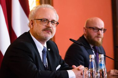 Riga, Letonya. 29 Mayıs 2019. Egils Levits, Letonya'nın yeni seçilen Başkanı , Letonya Parlamentosu'nda basın toplantısı sırasında. 