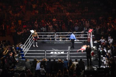 Riga, Letonya. 15 Haziran 2019. Letonyalı boksör Mairis Briedis ve Polonyalı boksör Krzysztof Glowacki arasında Dünya Boks Süper Serisi Yarı Final mücadele . Arena Riga.