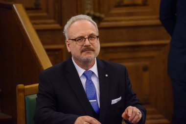 Riga, Letonya. 8 Temmuz 2019. Egils Levits, Letonya'nın yeni seçilen başkanı, Saeima'nın (Letonya parlamentosu) olağanüstü oturumunda yemin ve konuşma).
