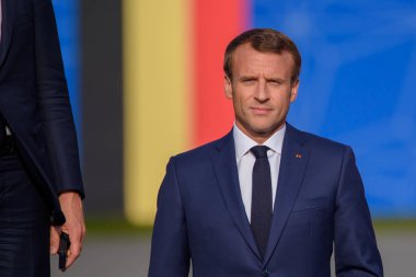 Brüksel, Belçika - 11 Temmuz 2018: Emmanuel Macron, Fransa Cumhurbaşkanı. Dünya liderleri, Nato (Kuzey Atlantik Antlaşması Örgütü) Zirvesi 2018'de Çalışma yemeği için geldi)