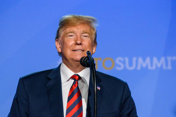 BRUSSELS, BELGIUM - JULY 12TH, 2018: Press conference of Donald Trump, President of United States of America, during NATO (North Atlantic Treaty Organization) SUMMIT 2018