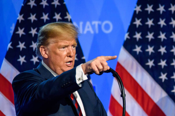 BRUSSELS, BELGIUM - JULY 12TH, 2018: Press conference of Donald Trump, President of United States of America, during NATO (North Atlantic Treaty Organization) SUMMIT 2018