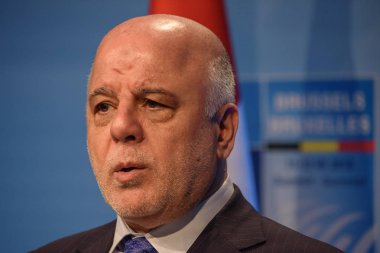 Brüksel, Belçika - 12 Temmuz 2018: Irak Başbakanı Haider al-Abadi, Nato (Kuzey Atlantik Antlaşması Örgütü) Zirvesi 2018'de düzenlediği basın toplantısında.