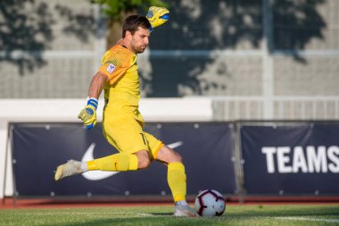 Riga, Letonya. 18 Temmuz 2019. Kaspars Ikstens, takım Rfs kalecisi, Rfs ve Olimpija Ljubljana arasında Uefa Avrupa Ligi Birinci Ön Eleme turu futbol maçında. Daugava stadyumu, Riga.