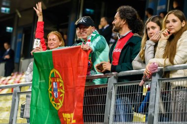 Riga, Letonya. 08 Ağustos 2019. Portekiz bayrağı ile ans, kazandıktan sonra, Uefa Avrupa Ligi Üçüncü Ön Eleme turu 1..