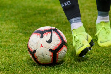 Riga, Letonya. 06 Ağustos 2019. Nike futbol topu, Uefa Avrupa Ligi Üçüncü Ön Eleme turu 1. Daugava stadyumu, Riga.