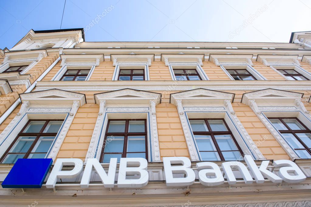 RIGA, LATVIA. 16th August, 2019. Logo of PNB Bank on facade. PNB Bank (formerly known as Norvik Bank). PNB Bank shut down after European Central Bank (ECB) announcment.
