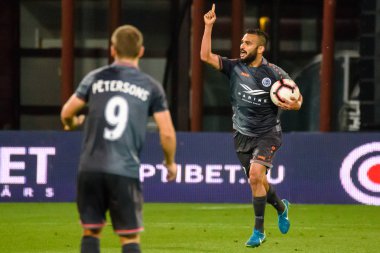 Riga, Letonya. 29 Ağustos 2019. Felipe Brisola (R) takım Riga Fc ve takım Kbenhavn arasında Uefa Avrupa Ligi Play-off 2 ayak futbol oyunu sırasında, gol sonra kutluyor. Skonto stadyumu, Riga.