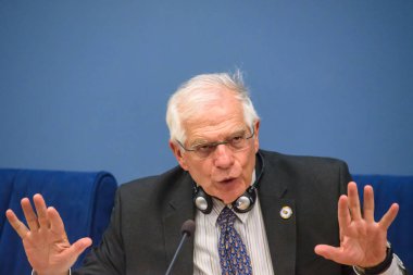 Riga, Letonya. 30 Ağustos 2019. Josep Borrell Fontelles, Dışişleri, Avrupa Birliği ve İşbirliği Bakanı ve Edgars Rinkevics, Letonya Dışişleri Bakanı basın toplantısı. Letonya Dışişleri Bakanlığı, Riga.