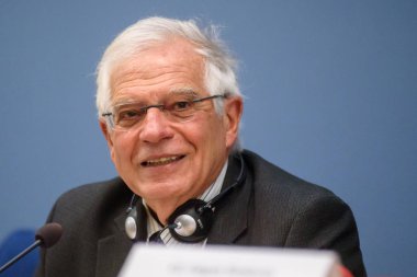 Riga, Letonya. 30 Ağustos 2019. Josep Borrell Fontelles, Dışişleri, Avrupa Birliği ve İşbirliği Bakanı ve Edgars Rinkevics, Letonya Dışişleri Bakanı basın toplantısı. Letonya Dışişleri Bakanlığı, Riga.