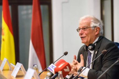 RIGA, LATVIA. 30th August 2019. Press conference of Josep Borrell Fontelles, Minister of Foreign Affairs, European Union and Cooperation  and Edgars Rinkevics, Minister of Foreign Affairs of Latvia. Ministry of Foreign Affairs of Latvia, Riga. clipart