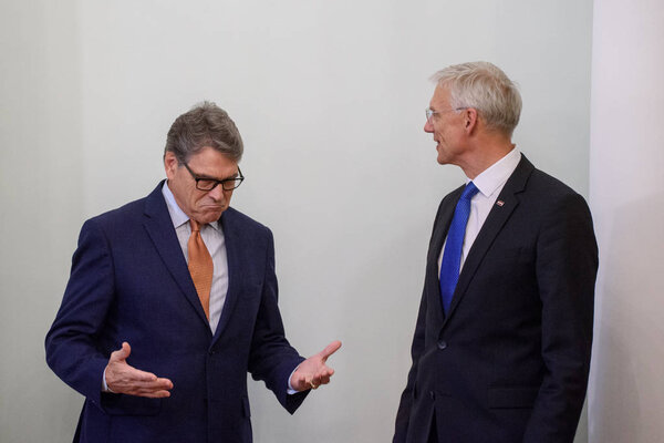 RIGA, LATVIA. 8th October, 2019.  Rick Perry (L) United States Secretary of Energy and Krisjanis Karins (L), Prime Minister of Latvia, during official photo before meeting at Cabinet of Ministers of Latvia.