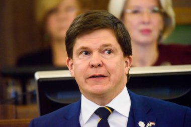 Riga, Letonya. 10 Ekim 2019. Andreas Norlen Letonya Parlamentosu Riksdag konuşması sözcüsü.